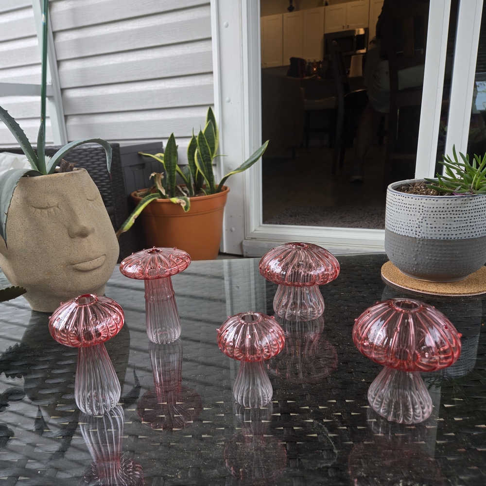 Set of Pink Glass Mushroom Decor